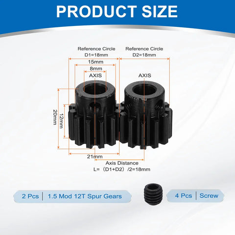Image showing 2 Pack 1.5 Mod Pinion Gear 12T 8mm Bore 1045 Hardened Steel with dimensions and components included.