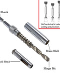 3 Piece HSS Self Centering Hinge Drill Bit Set For Woodworking Doors And Cabinets, hex shank, brass shell, hinge bit displayed