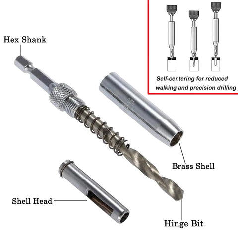 3 Piece HSS Self Centering Hinge Drill Bit Set For Woodworking Doors And Cabinets, hex shank, brass shell, hinge bit displayed