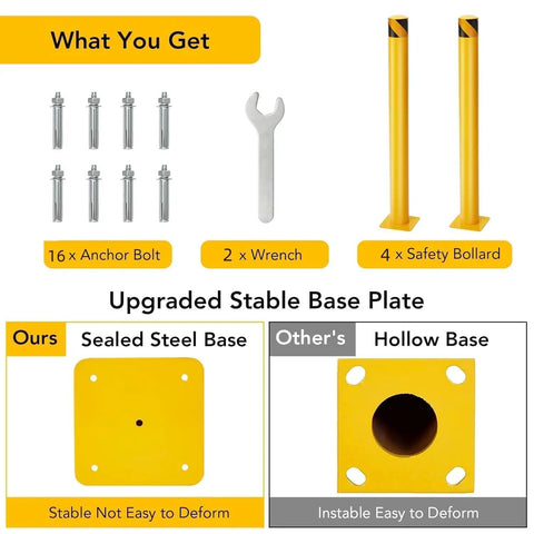 Tough As Nails Steel Security Bollards Forty Eight Inches Tall Four Point Five Inch Diameter With Bolt Down Hardware For Commercial Parking Lot Traffic Impact Protection Four Pack, includes anchor bolts and wrenches.