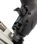 Close-up of handle and trigger on Pro Grade Pneumatic 20 Gauge L Cleat Flooring Nailer For Tongue And Groove DIY Friendly Hardwood Installs.