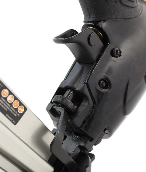 Close-up of handle and trigger on Pro Grade Pneumatic 20 Gauge L Cleat Flooring Nailer For Tongue And Groove DIY Friendly Hardwood Installs.