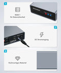 Dual Bay External Raid Enclosure For 2.5 Inch Sata Drives With Usb C Gen Two Ports, view of RAID setup and heavy duty ports.
