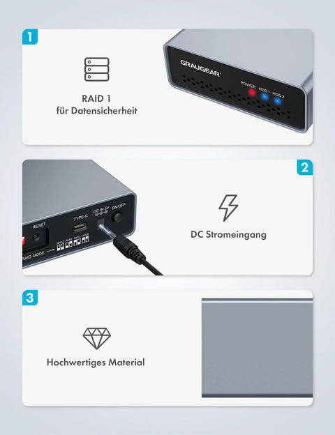 Dual Bay External Raid Enclosure For 2.5 Inch Sata Drives With Usb C Gen Two Ports, view of RAID setup and heavy duty ports.