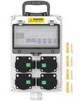 Front view of Go-To 110V IP65 Weatherproof Breaker Box with NEMA 5-20 Outlet, showing four outlets and installation accessories