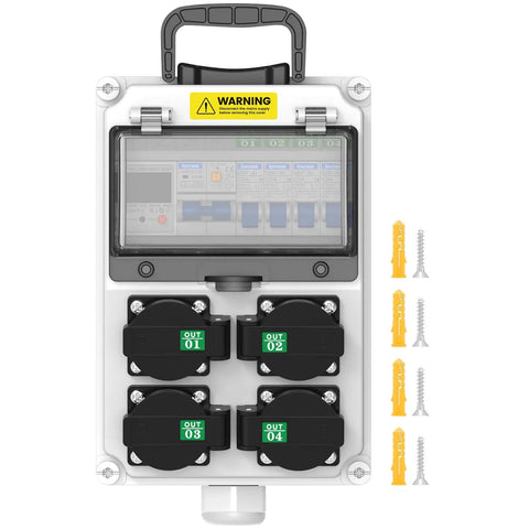 Front view of Go-To 110V IP65 Weatherproof Breaker Box with NEMA 5-20 Outlet, showing four outlets and installation accessories