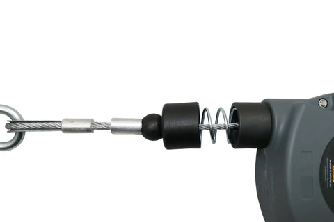 No Nonsense 11 Ft Single Leg Self Retracting Lifeline featuring smooth galvanized steel cable and snap hook mechanism.