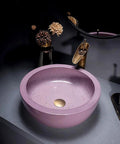 41Cm Dia Round Art Basin Bathroom Counter Basin Pink Color, Countertop Bathroom Vessel Sink with gold pop-up drain.