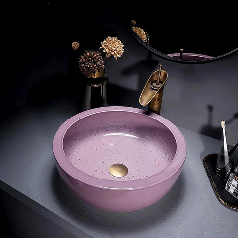41Cm Dia Round Art Basin Bathroom Counter Basin Pink Color, Countertop Bathroom Vessel Sink with gold pop-up drain.