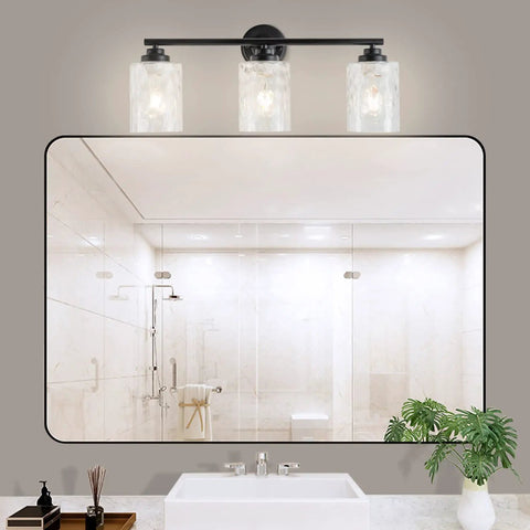 Go To Modern Matte Black Vanity Light Fixtures 24 Inch Three Light Hammered Glass Industrial Sconces above bathroom mirror