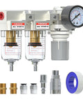 1/4 Inch NPT Air Dryer with water separator, dual filter regulator, 5 micron brass element, semi auto drain, 0-145 PSI gauge