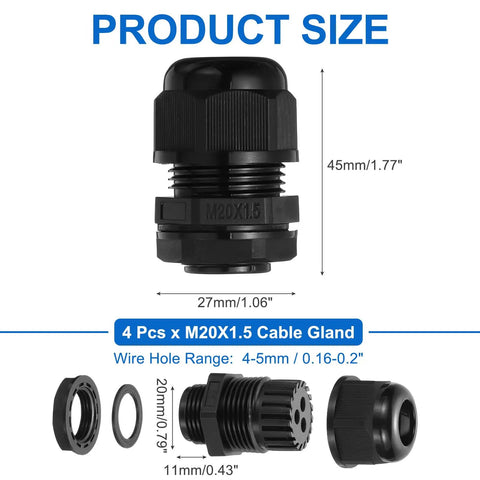 4 Pack M20 Cable Gland Waterproof Nylon Joint For 4-5mm Cables, 3 Wire Holes, Built To Seal Tight And Protect Enclosures, Strain Relief, Gland Replacement, Weatherproof Black. Size 45 x 27 mm