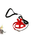Two Pack Bird Diapers With 78 Inch Flying Leash Reusable Feather Friendly Fly Ready Flight Suit shown in red with cockatiel