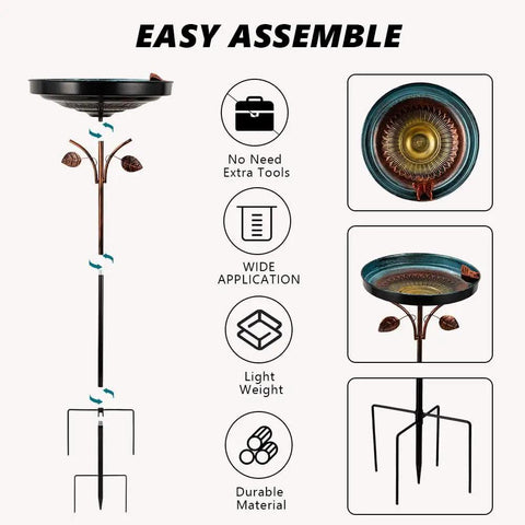 38 Inch Vintage Bird Bath With Five Prong Stake For Outdoor Gardens - Metal Yard Bird Bath Decor with assembly instructions