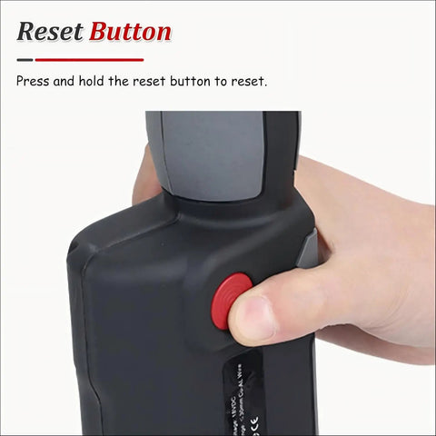 Cordless Hydraulic Cable Cutter With 60 KN Cutting Power, 18V Battery, Slices Copper And Aluminum Cables Up To 30 Mm, ACSR Ready For Pros And Weekend DIYers reset button close-up
