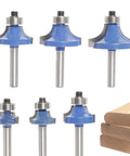 Knockout 6 Piece Round Over Router Bit Set With Tough 1/4 Inch Shank And Assorted Carbide Profiles To Square Away Fine Woodwork And Leave Edges Smoother Than Butter Daily, featuring various rounded router bits.