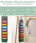 Top Tier Hanging Closet Organizer With Twenty Six Pockets For Leggings And Tees Plus Double Sided Oxford Fabric Rack in use, showcasing colorful rolls.