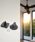 4 Position Rotary Fan And Light Wall Control With 3 Speed Settings And Off, black knob and base, ceiling fan in the background
