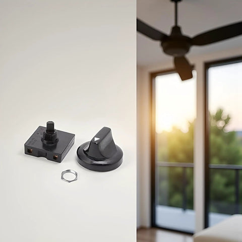 4 Position Rotary Fan And Light Wall Control With 3 Speed Settings And Off, black knob and base, ceiling fan in the background