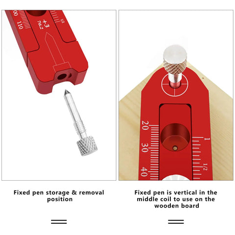 Adjustable Radius Woodworking Compass Scriber with Aluminum Alloy Arc Head showing fixed pen storage and position on wood.
