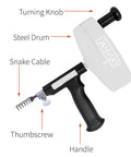 Pro 50 Foot Heavy Duty Steel Drum Drain Auger Plumbing Snake With Work Gloves And Storage Bag showing components