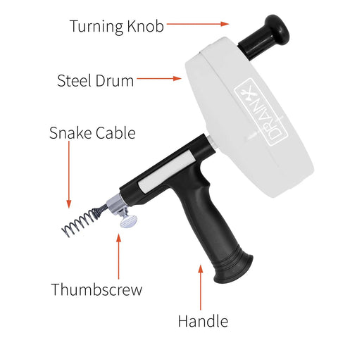 Pro 50 Foot Heavy Duty Steel Drum Drain Auger Plumbing Snake With Work Gloves And Storage Bag showing components