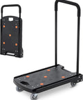 Heavy Duty Folding Hand Truck Featuring Four Sturdy Casters And Rock Solid Aluminum Handles For Zero Hassle Moving Up To 330 Pounds Without A Sweat On Any Project, shown folded and unfolded, with black surface and silver casters.