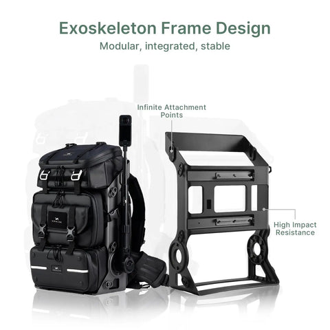 Lancer Camera Backpack With 1.5m Extendable Magic Arm for Hands Free POV, featuring exoskeleton frame design and modular setup.
