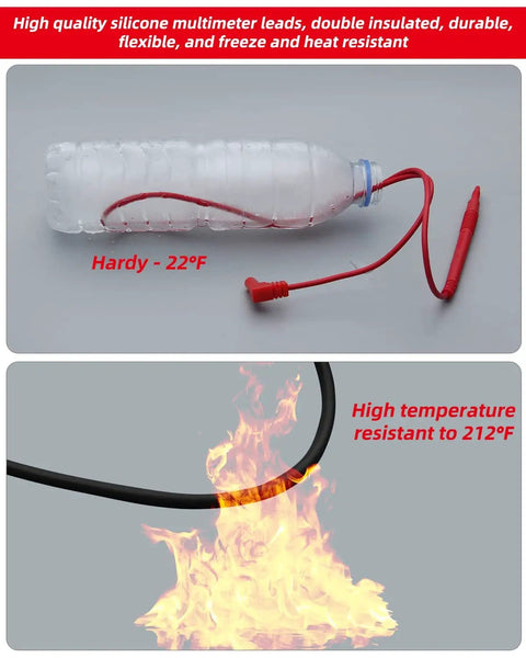 Flexible Multimeter Test Lead Kit with CAT III 1000V 10A Safety, showing durability in extreme cold and heat conditions.