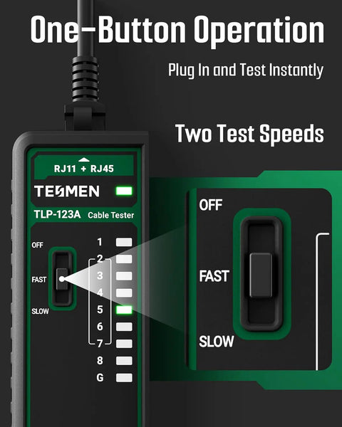 Pro Grade TLP-123A Network Cable Tester For RJ45 RJ11 Ethernet Cables CAT5 to CAT7 UTP and STP, black handheld tester with fast/slow switch