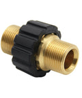 Twinkle Star pressure washer hose quick connector, brass body with black knurled nut, M22 male thread (close-up)