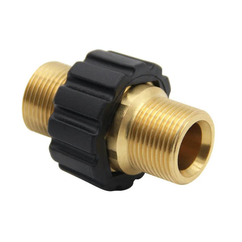 Twinkle Star pressure washer hose quick connector, brass body with black knurled nut, M22 male thread (close-up)