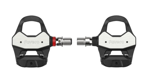 Assioma Pro RL-1 Power Meter Pedals for Look Keo shown side by side, black and silver design, featuring ANT+ and Bluetooth connectivity