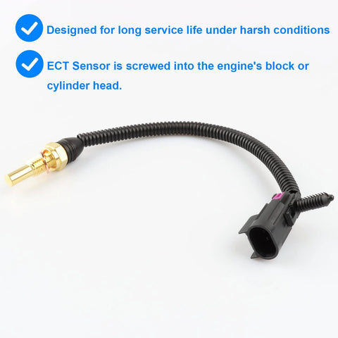 Coolant temperature sensor, side view, brass probe, black corrugated wiring harness, plastic connector