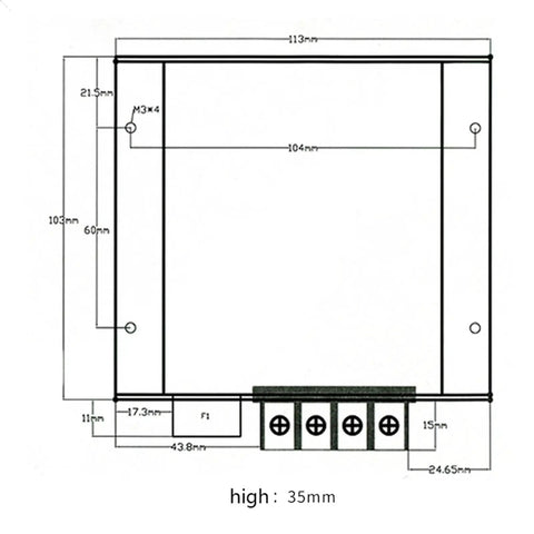 Heavy Duty 72V To 48V DC To DC Step Down Converter dimensions diagram showing 113mm width and 35mm height.
