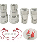 Heavy Duty 3/8 Inch Npt Hydraulic Quick Connect Coupler Set Iso 5675 Carbon Steel Couplings with protective dust caps.