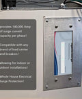 Heavy Duty Whole House Surge Protector Rated At 140,000 Amps installed on wall with visible LED indicators and metal casing