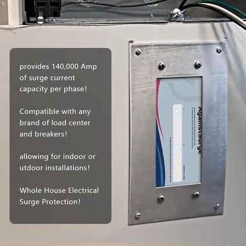Heavy Duty Whole House Surge Protector Rated At 140,000 Amps installed on wall with visible LED indicators and metal casing