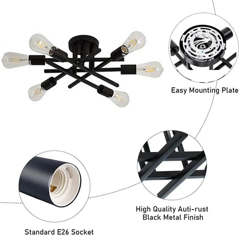Two Pack Flush Mount Ceiling Lights With Six Light Black Modern Sputnik Chandelier Industrial Farmhouse Ceiling Lighting