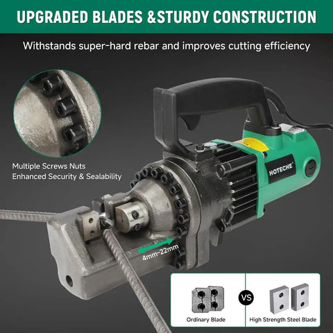 Heavy Duty 7/8 Inch Electric Hydraulic Rebar Cutter with upgraded blades, sturdy construction, and multiple screws for enhanced security.