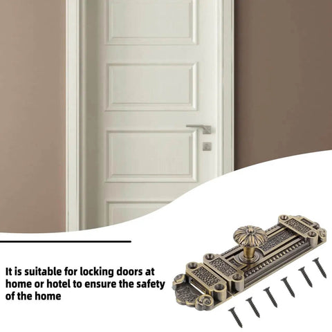 Old School 6 Inch Decorative Door Latch with Screws shown with a white interior door, vintage zinc alloy, antique finish.