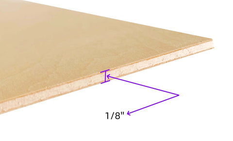 Baltic birch plywood sheet, 1/8 in thick, natural wood color, edge view