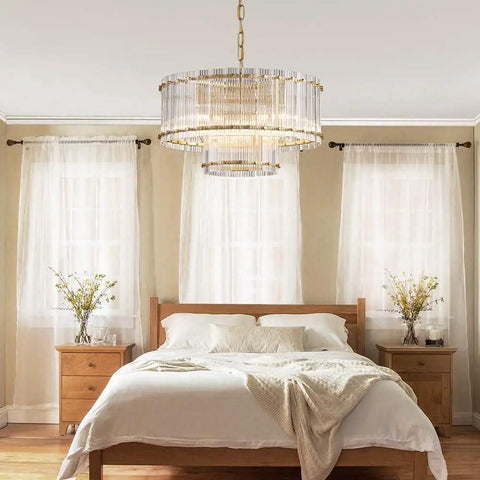 Bedroom with drum glass chandelier for dining room with 7 light gold pendant lighting fixture jaw dropping double layer design ripple glass shades D18 X H10 adjustable 59 inch chains gold finish metal frame