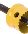 Yellow 29mm Cordless HSS Bi Metal Hole Saw with durable alloy body and abrasion-resistant teeth for smooth cuts in wood and steel.