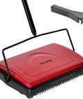 No Sweat Push Powered Carpet Sweeper With Triple Brush Heads for area rugs and vinyl floors, red and black design, clean pet hair.