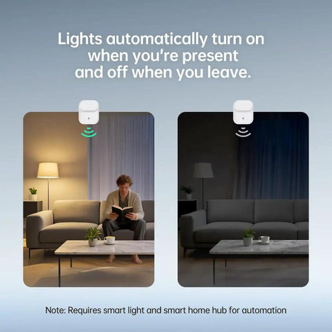 Wireless Human Presence Sensor With MmWave Radar detects presence for light automation in a living room setting.
