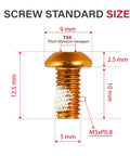Detailed view of an orange 12 Pcs Bicycle Disc Brake Bolts 6 Bolt M5x10mm Stainless Steel for Mountain Bikes with measurements