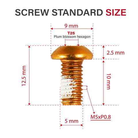 Detailed view of an orange 12 Pcs Bicycle Disc Brake Bolts 6 Bolt M5x10mm Stainless Steel for Mountain Bikes with measurements