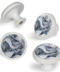 Slick One Point Three Seven Inch Marble Look Cabinet Knobs Four Pack Sharp White Cabochon Glass Drawer Pulls side view with silver texture.