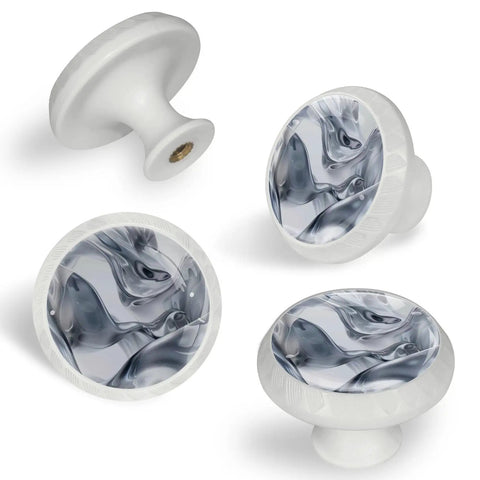 Slick One Point Three Seven Inch Marble Look Cabinet Knobs Four Pack Sharp White Cabochon Glass Drawer Pulls side view with silver texture.